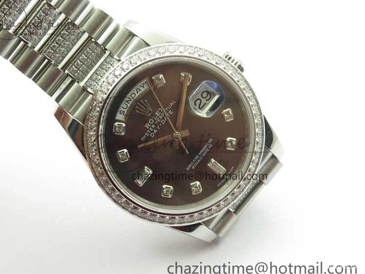 0517 SmoothTexture Day-Date 36mm 128239 SS Crystal BP Best Edition Black MOP Crystal Marker Dial on SS President Bracelet A 2681
